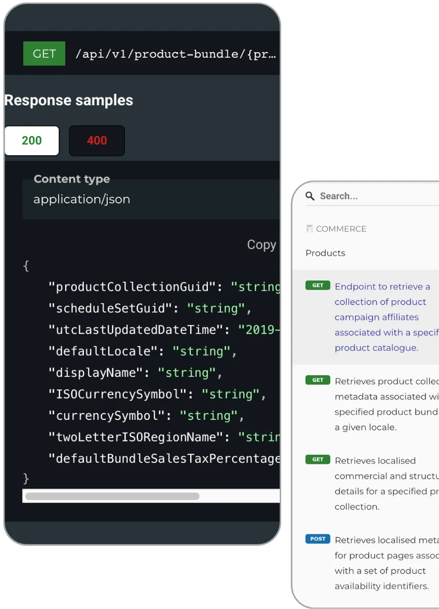 The Cothena API reference: a product-bundle endpoint with its 200 and 400 response samples and JSON body, beside the searchable list of commerce endpoints.