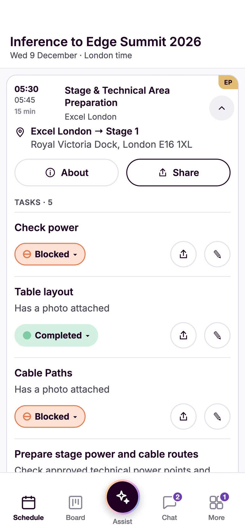 Stage & Technical Area Preparation opened on the schedule: its place, About and Share, then its tasks, two of them blocked and one completed, each with a stage button to move it on.