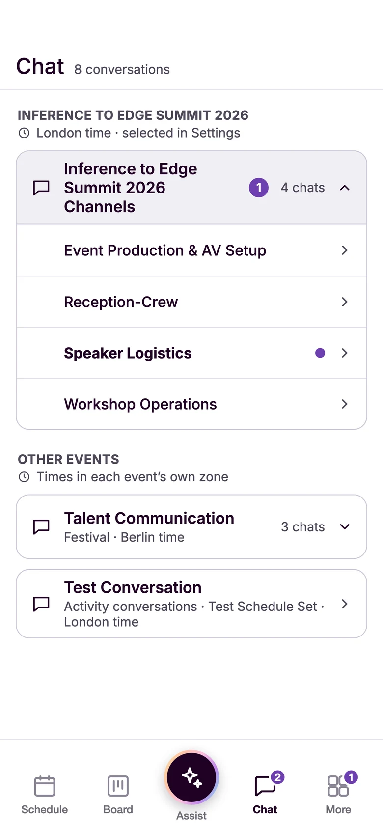 The staff app's Chat tab: the summit's channel opened on top with its four team conversations, Speaker Logistics marked unread, and other events' conversations below in their own time zones.