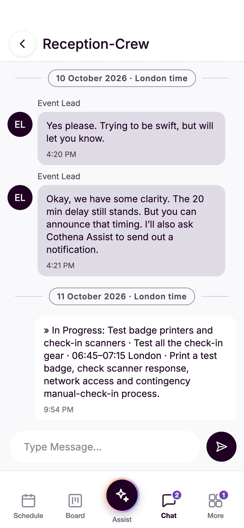The Reception-Crew conversation: the event lead confirms a 20-minute delay and says Cothena Assist will notify everyone, and a crew member shares a check-in task's progress into the chat.