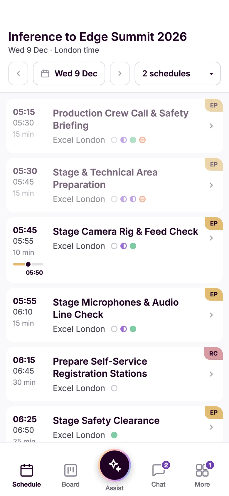 A crew member's schedule for Wed 9 Dec at the Inference to Edge Summit, in London time: production and registration activities at Excel London, each with its times, length and a mark per task, and the camera rig check running at 05:50.