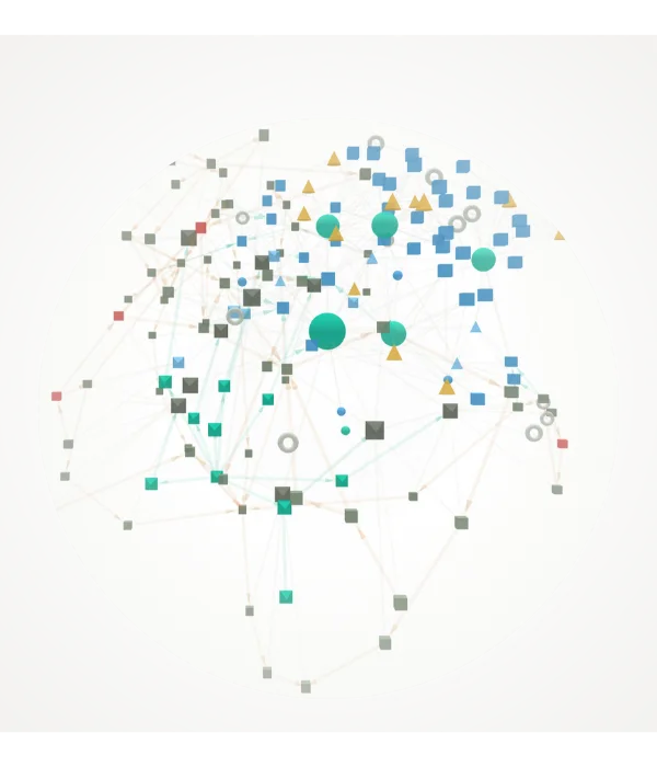 One event's data model drawn as a graph: several hundred nodes for schedules, activities, tasks, bookings and people, grouped in colour by type and linked by the dependencies between them.