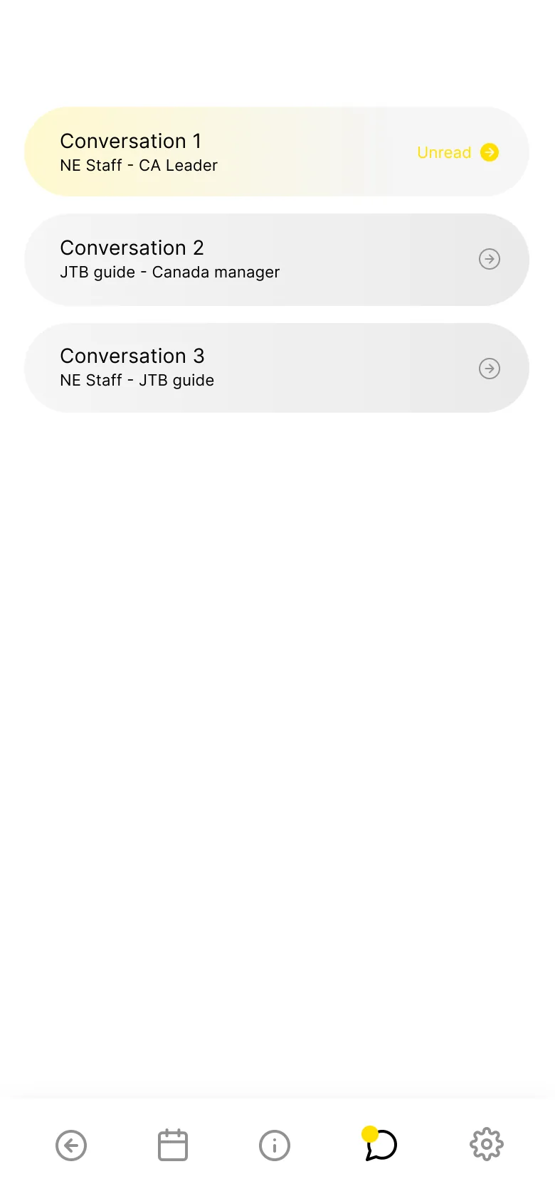 The conversations list in the staff app: three conversations between event staff, a tour leader, a guide and a manager, the first marked unread.