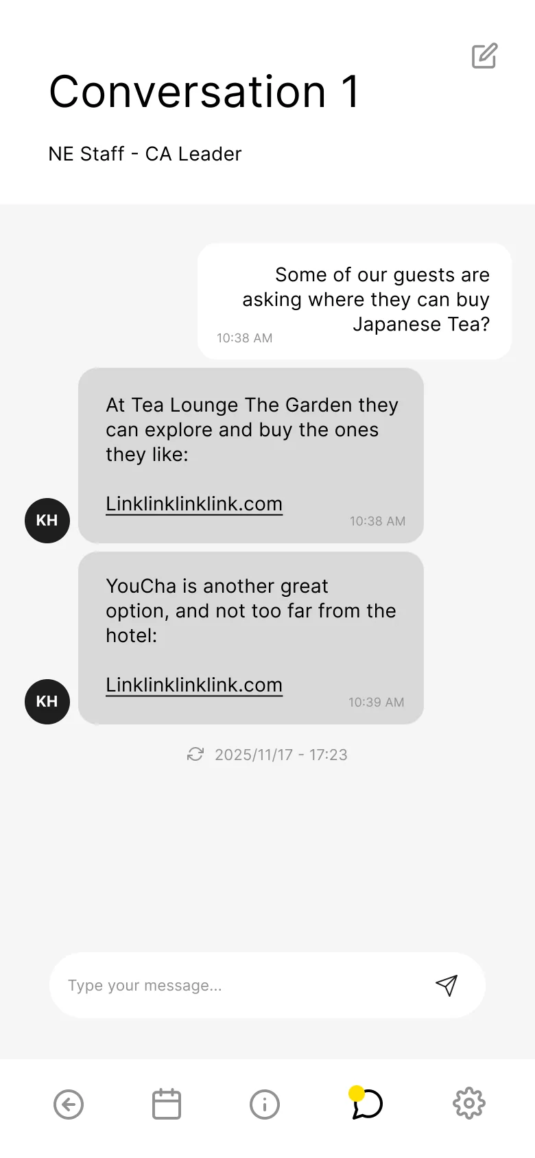 One conversation opened: a staff member asks where guests can buy Japanese tea, and a colleague replies with two shops and their links.