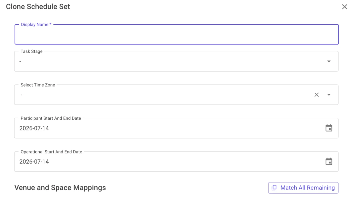 The clone schedule set dialog: a display name, task stage, time zone, participant and operational dates, and venue and space mappings for the new edition.