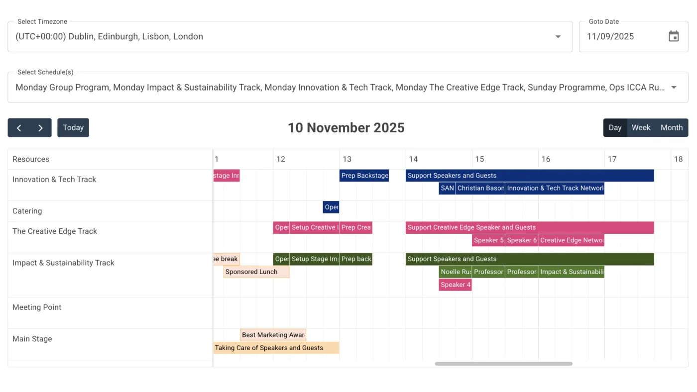 A resource timeline for 10 November 2025 in the London time zone: tracks, catering, a meeting point and the main stage as rows, each with its sessions, setup and speaker-support bars.