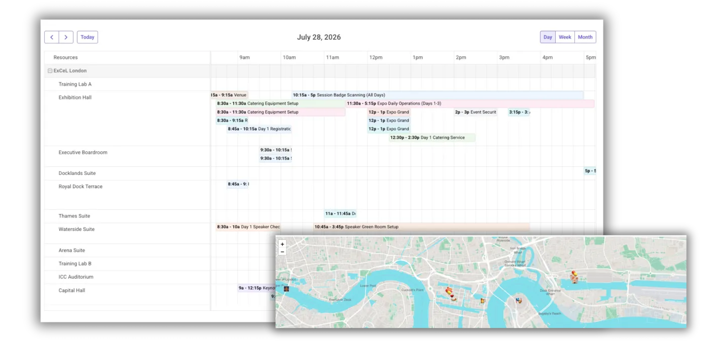 A day timeline for ExCeL London on 28 July 2026 with a row per space — training labs, exhibition hall, boardroom, suites and auditorium — carrying equipment setup, expo and speaker bars, beside a map of the surrounding docks.
