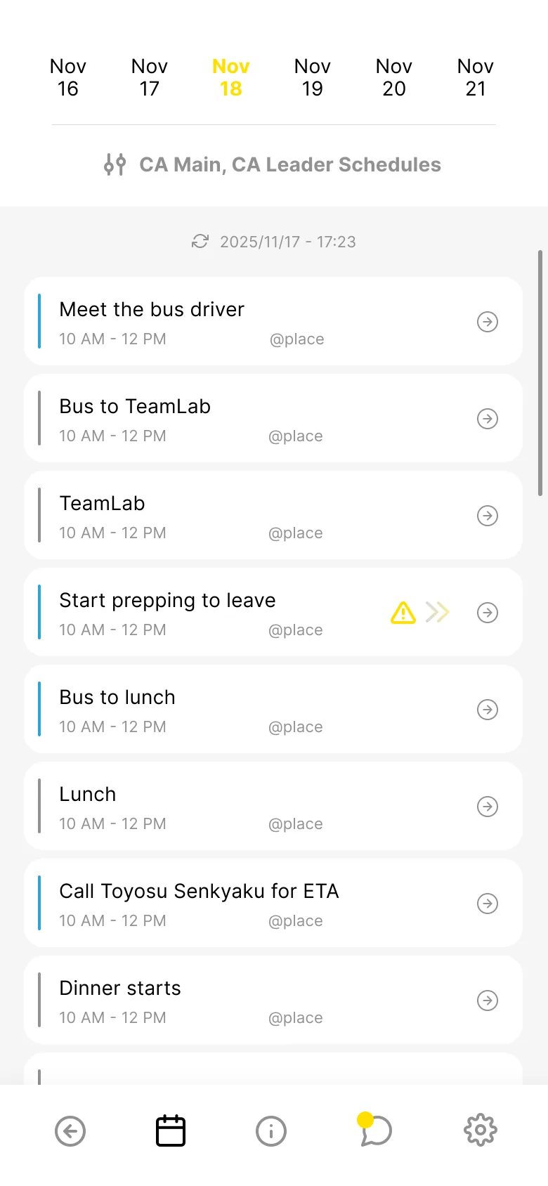 A staff member's schedule for 18 November in the app: the day's activities in order, from meeting the bus driver to dinner, with one flagged as needing attention.