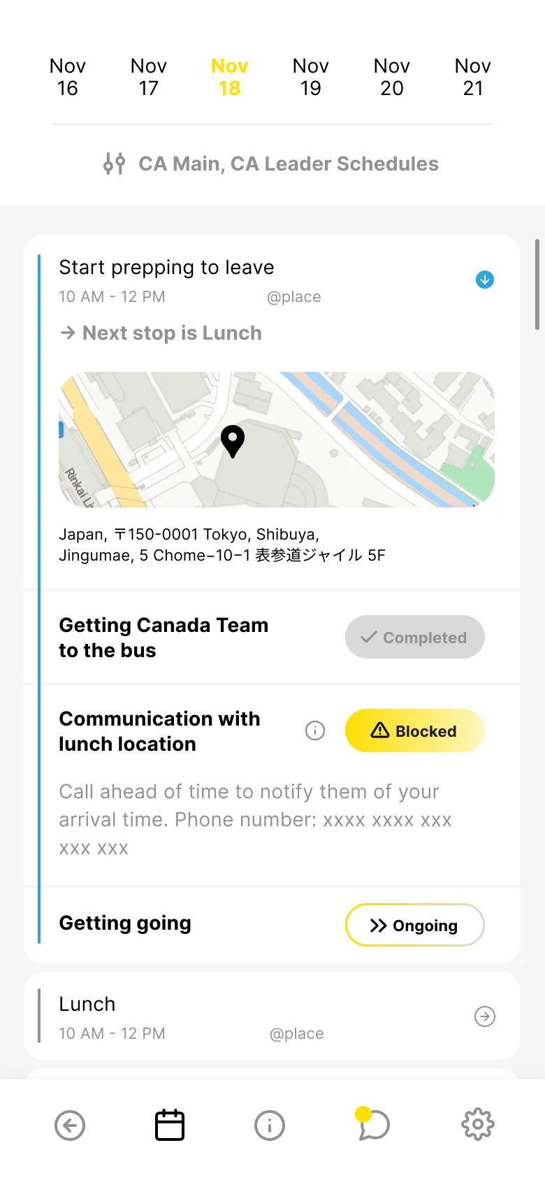 One activity opened in the same schedule: its map and address, the next stop, and its tasks marked completed, blocked with a note to call ahead, and ongoing.