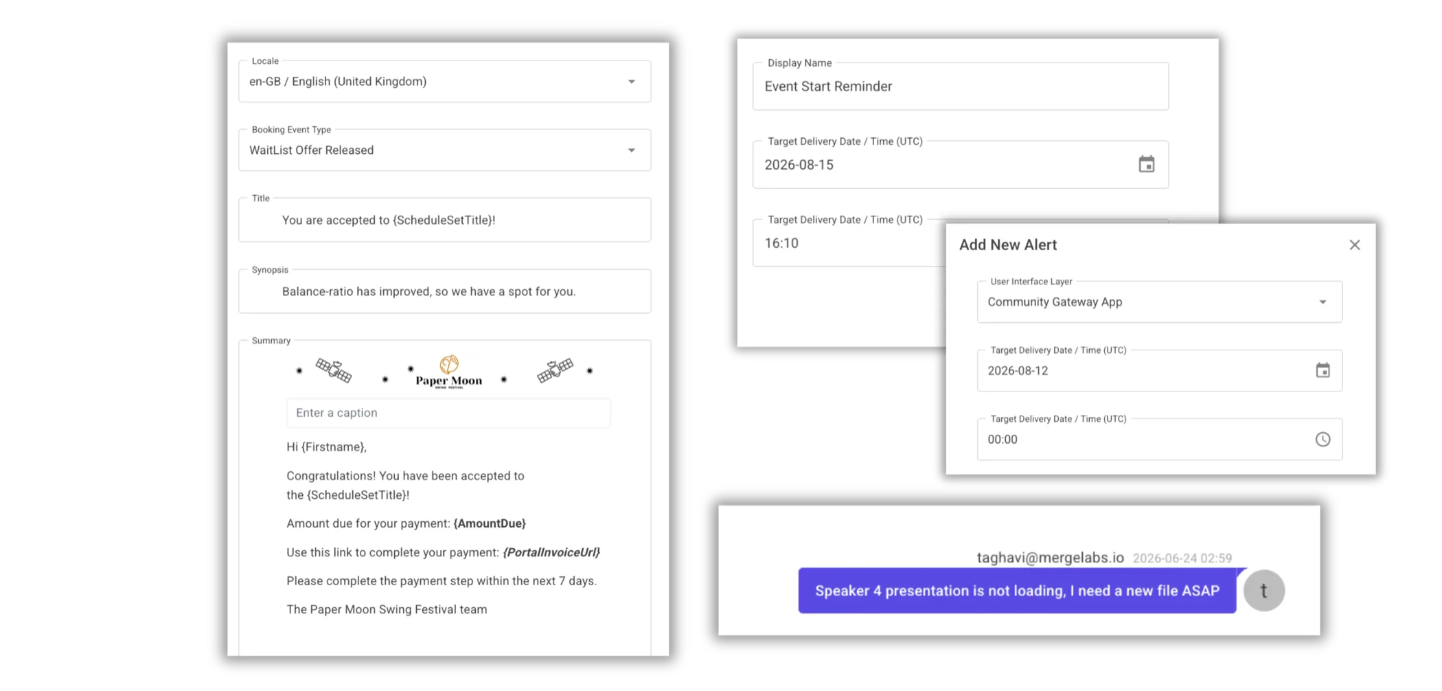 A localised waitlist-offer email composed from booking fields, a scheduled event start reminder, an alert being added for the guest app, and a message sent to an operations conversation.