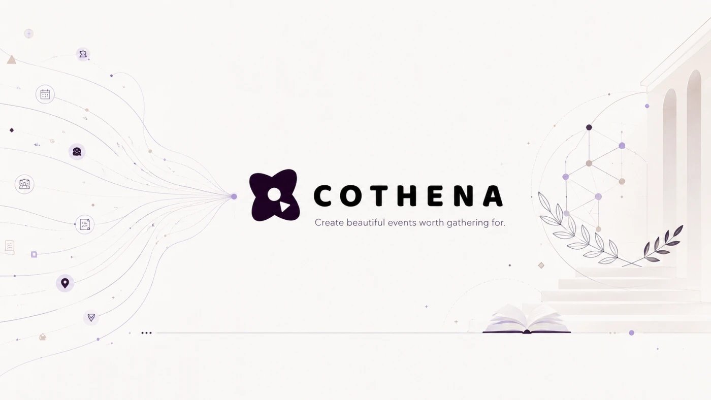 The Cothena wordmark and tagline, with the many strands of an event converging into the logo on one side and classical emblems of wisdom — columns, a laurel branch and an open book — on the other.