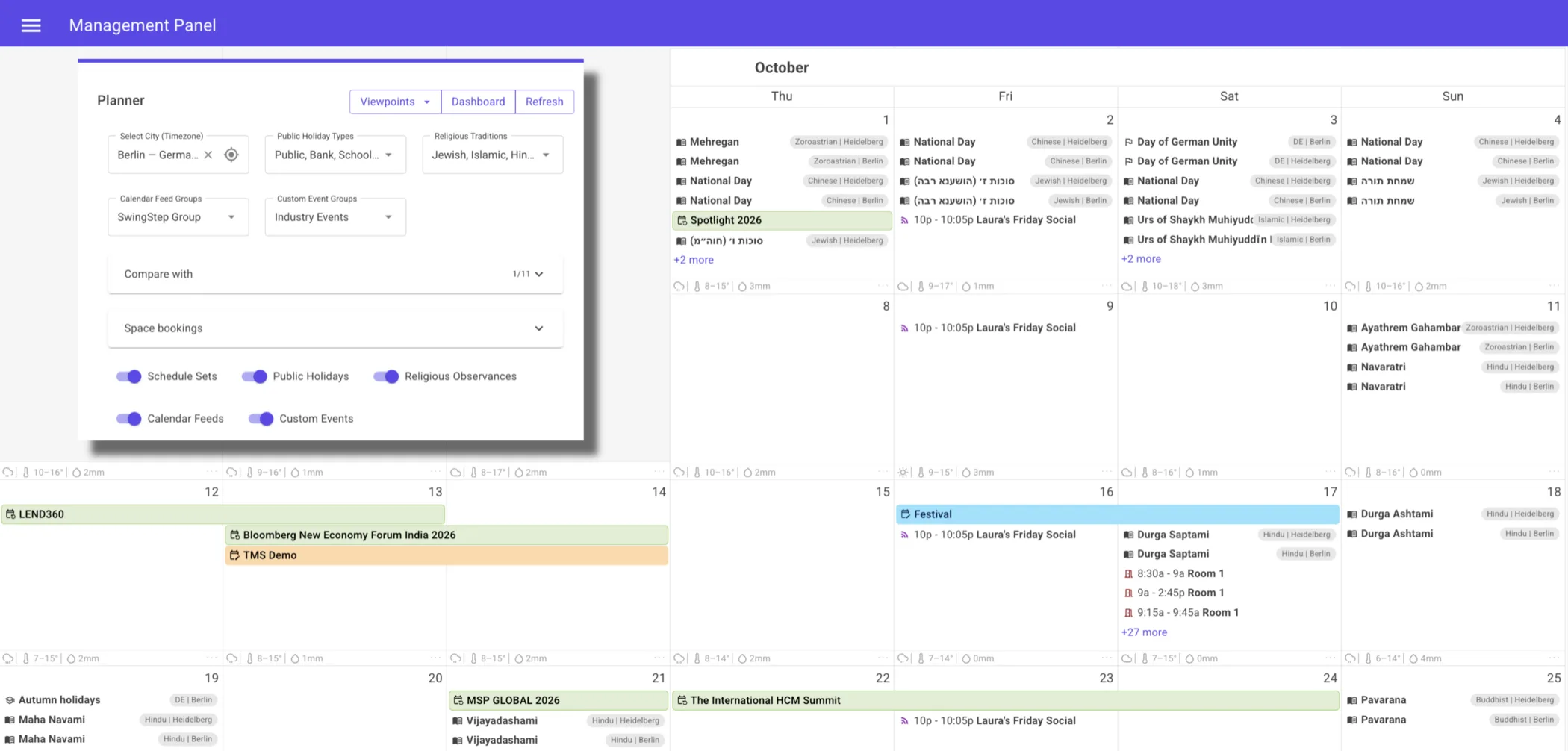 The planner's filter panel — city, holiday types, religious traditions, calendar feeds and custom events — over a month view showing public and religious holidays, daily weather and booked event bars.