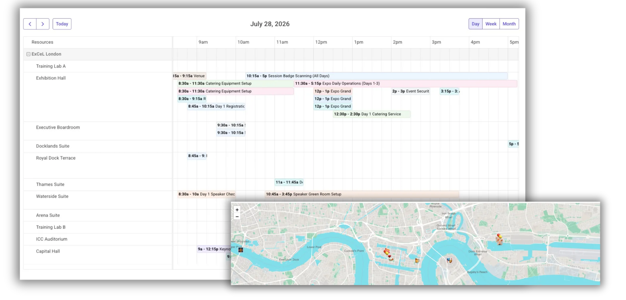 A day timeline for ExCeL London with a row per space — halls, suites, boardroom, auditorium and training labs — carrying setup, registration, catering and session bars, over a map of the surrounding docks marked with points of interest.
